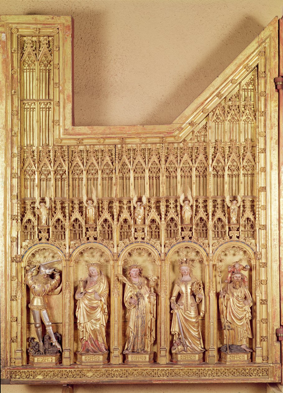 O Retábulo da Crucificação, detalhe do painel esquerdo representando SS. George, Maria Madalena, João, Catarina de Alexandria e Christopher, da Igreja de Chartreuse de Champmol, c.1391 (gi de Jacques de Baerze or Baers