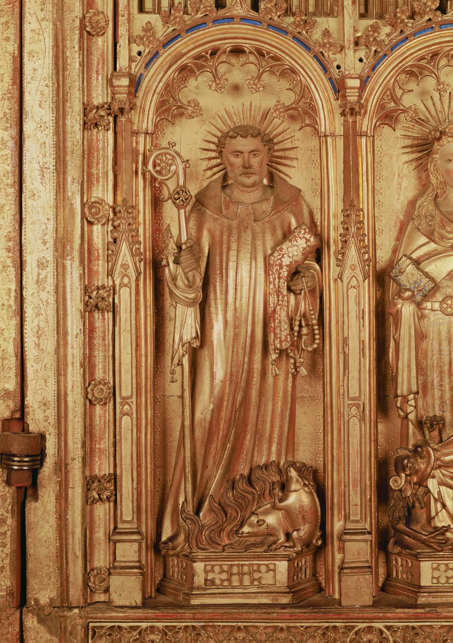 O Retábulo da Crucificação, detalhe do painel direito representando Santo Antônio, c.1391 (madeira dourada) de Jacques de Baerze or Baers
