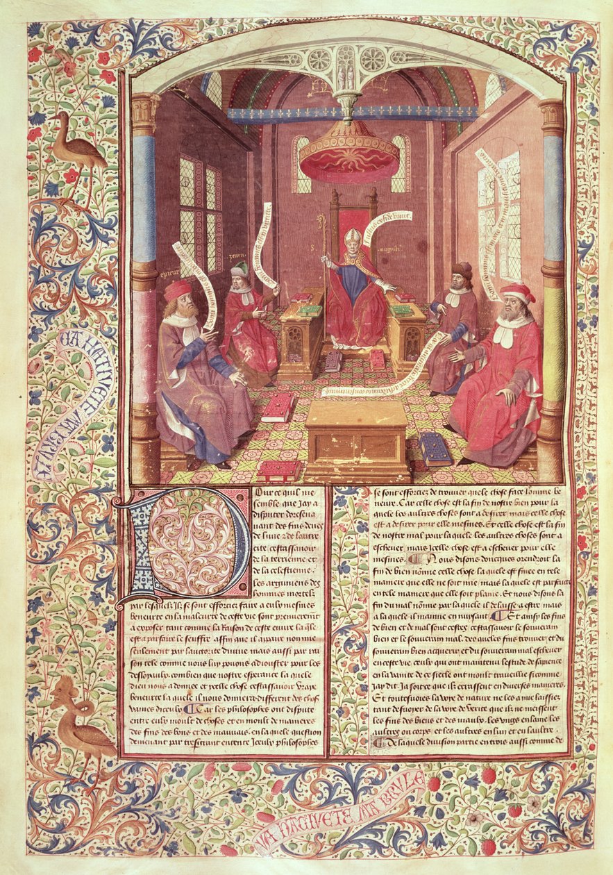 246 fol.354v Santo Agostinho, Epicuro, Zenão, Antíoco e Varron, de &39;De Civitae Dei&39; por Santo Agostinho de Hipona (354-430) traduzido por Raoul de Presles de Jacques de Besancon