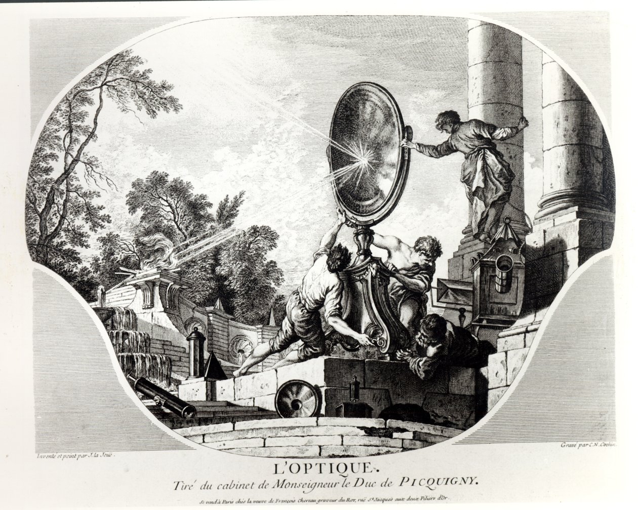 Espelho ardente, alegoria da ótica, gravada por Charles Nicolas Cochin (1715-90) de Jacques de Lajoüe