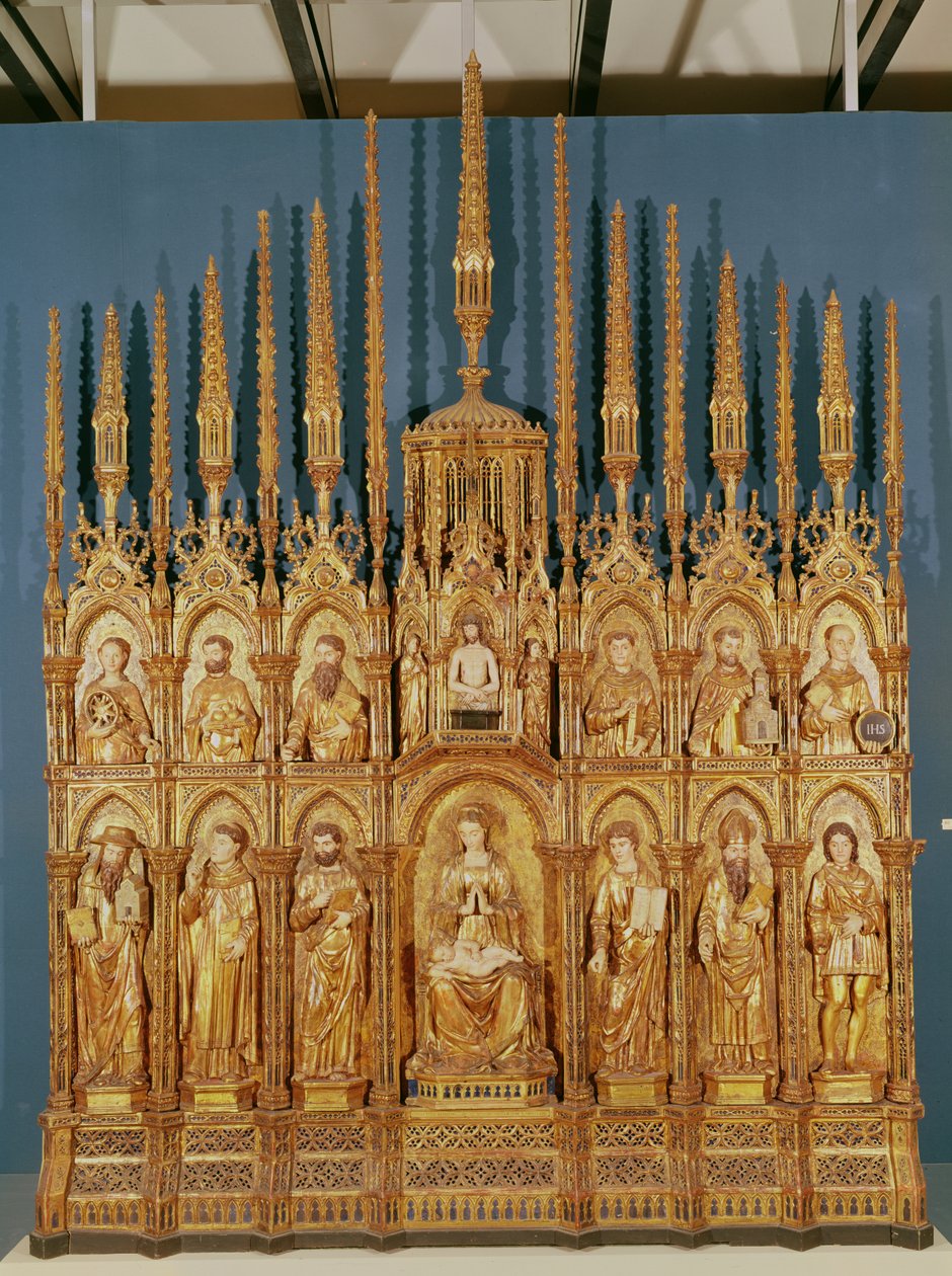 Polyptych retratando a Virgem e o Menino com Doze Santos (madeira dourada) de Jacques de Pula