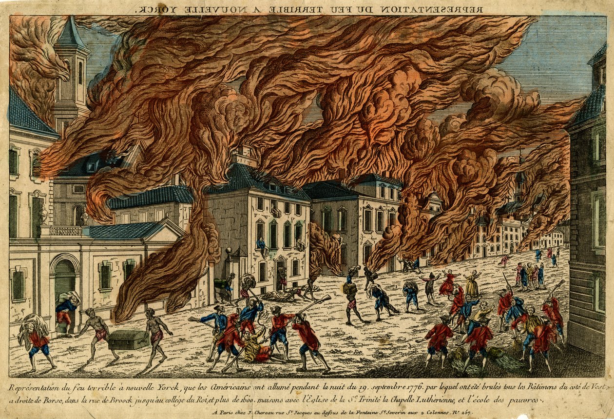 Representação do Fogo Terrível em New Yorck, 19 de setembro de 1776, sem data (gravura colorida à mão) de Jacques the Younger Chereau