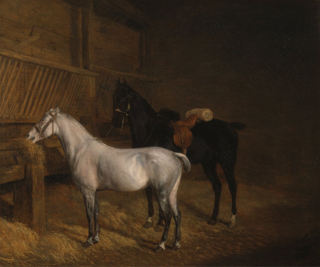 Um Pónei Cinzento e um Carregador Preto num Estábulo de Jacques-Laurent Agasse