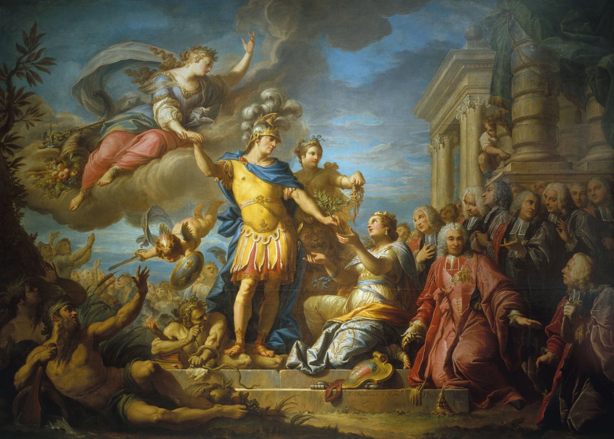 Alegoria em honra da publicação da Paz de Aix-la-Chapelle, 13 de fevereiro de Jacques (1701 81) Dumont