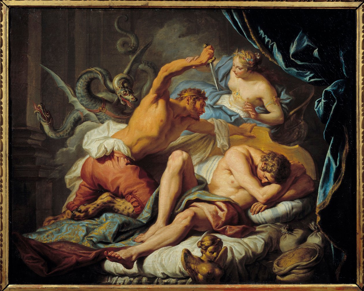 Ceres protege Triptoleme do rei Lyncus O rei da Trácia Lyncus tenta matar Triptoleme, acusado por Ceres com a missão de repandir sementes, enquanto dorme. Ceres intervém para o proteger e transforma Lyncus num lince. Ilustração de "Metamorpho de Jacques  Dumont