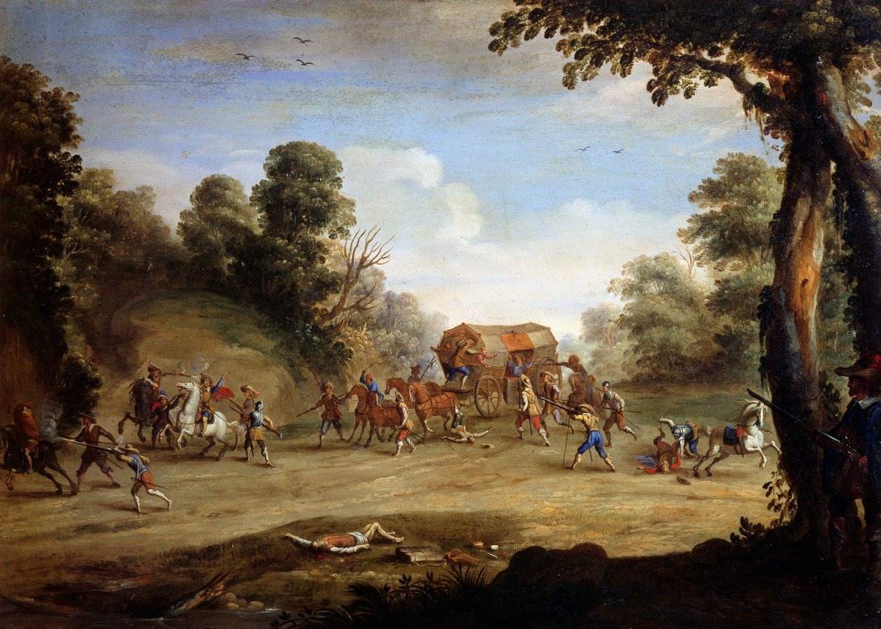 Vida de um soldado, despedimento de um coche (óleo sobre cobre) de Jacques (after) Callot