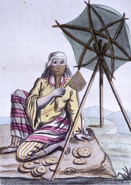 Mulher árabe do deserto vendendo pão, da 