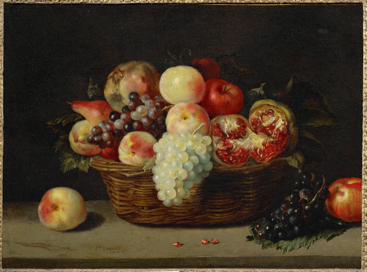 Panier de grenade, peches et raisins - Um cesto com romã, pêssegos e uvas ... de Jacques (attr. to) Linard