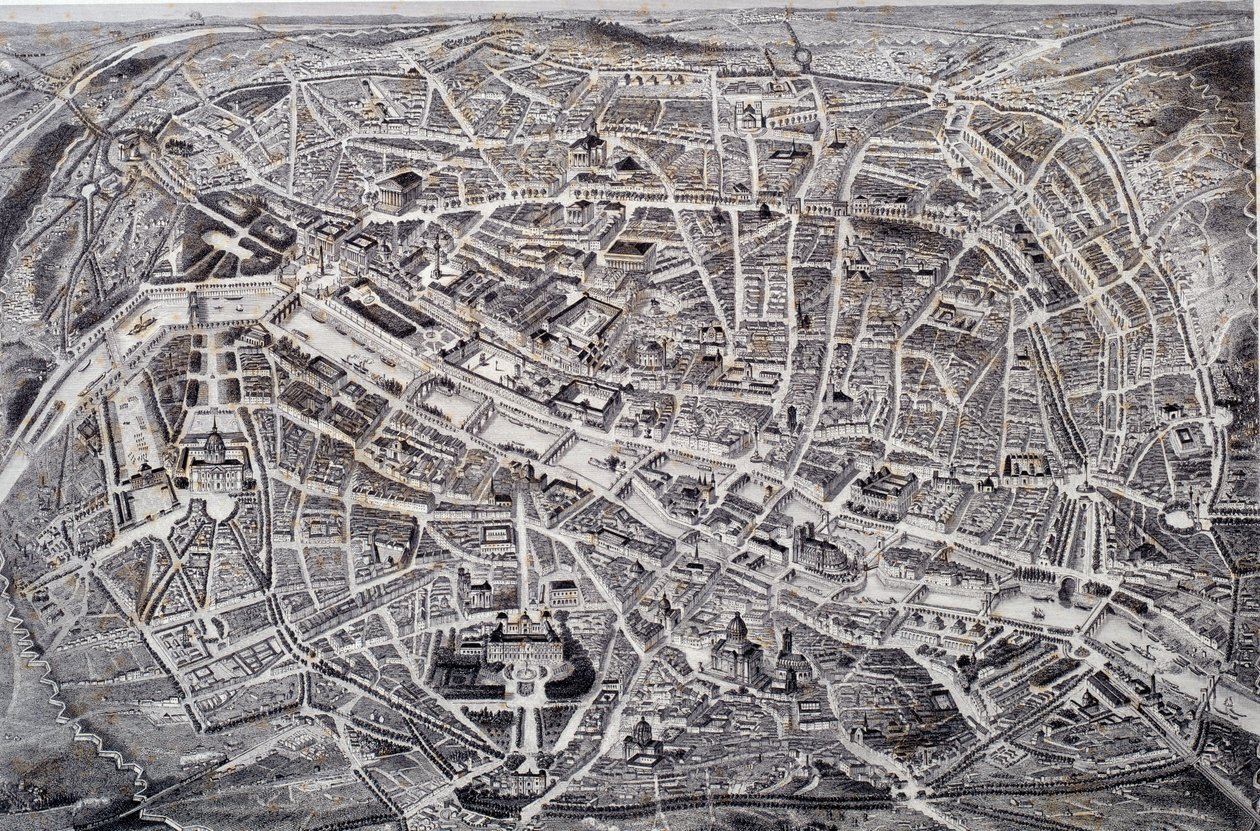 Mapa de Paris em relevo e uma mosca de pássaro com seus arredores e fortificações. Garvure de Jacques Alphonse Testard (1810-?) Paris do século XIX, Musee Carnavalet de Jacques Alphonse (after) Testard