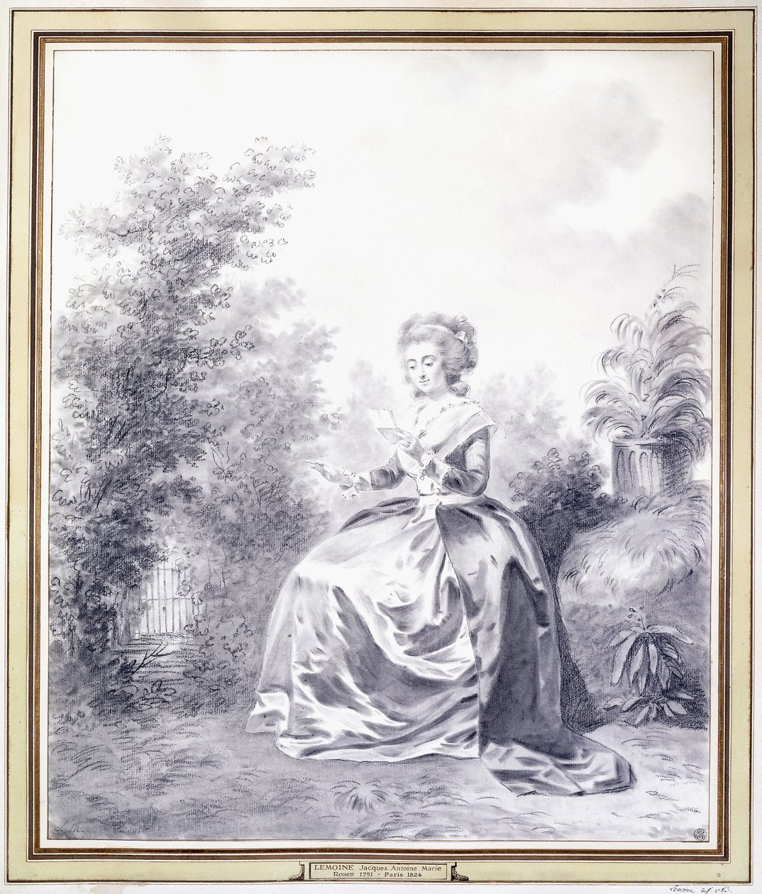 Retrato de Elisabeth Louise Vigee-Lebrun lendo uma carta sentada no jardim (giz preto) de Jacques Antoine Marie Lemoine