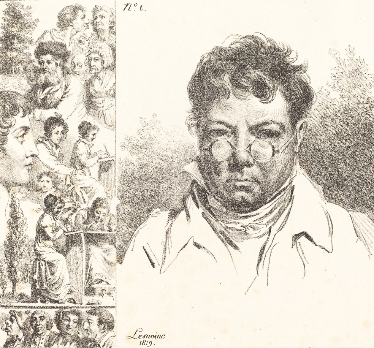 Auto-retrato e outras cabeças, 1819 (litografia) de Jacques Antoine Marie Lemoine