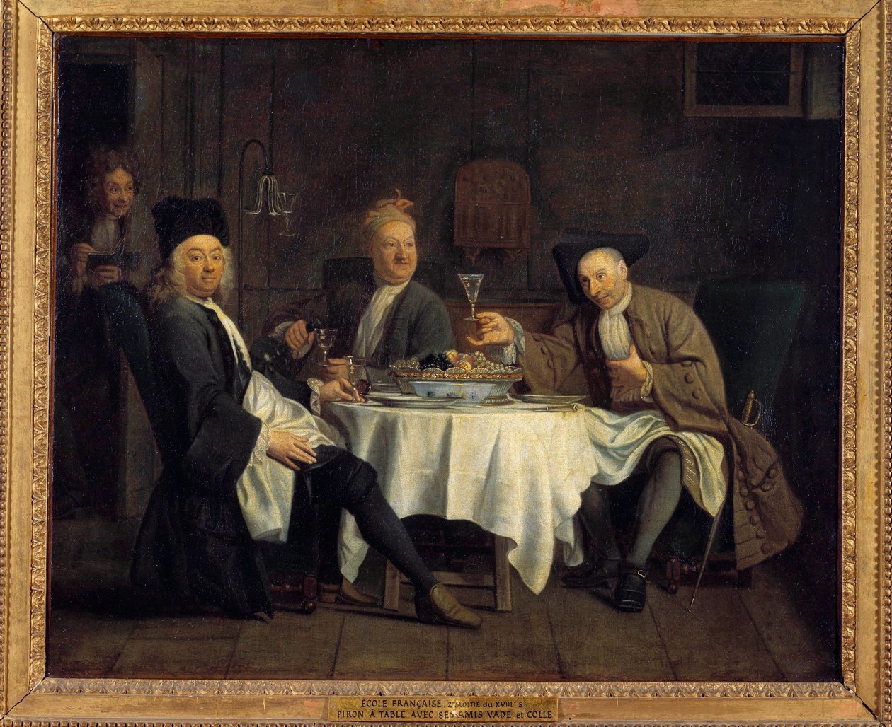 Os consumidores de vinho disseram uma vez o poeta Alexis Piron (1689-1773) à mesa com os seus amigos Jean Joseph Vade (1720-1757) e Charles Colle (1709-1783) Pintura de Jacques Antreau (1657-1745) Sol do século XVIII. 0,54x0,66 m de Jacques Antreau