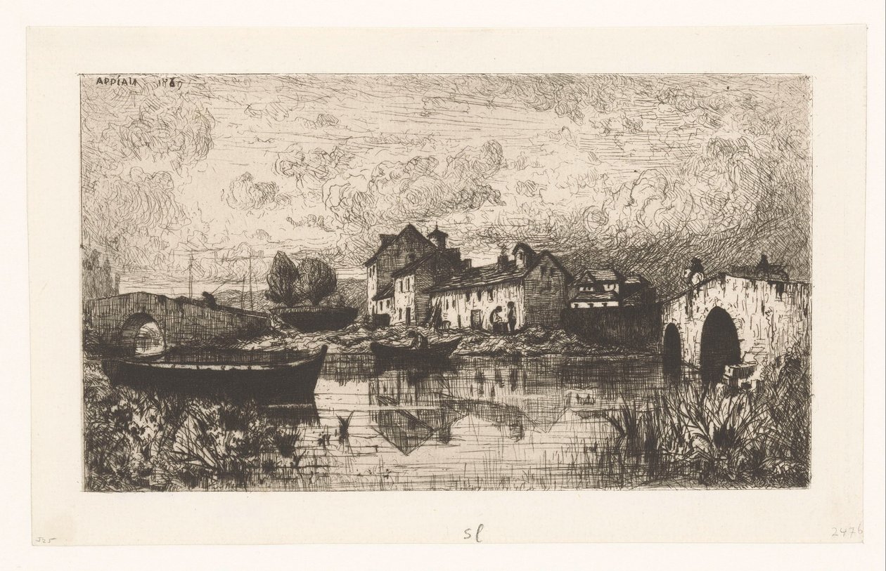 Vista de uma vila na água com uma ponte à direita e à esquerda de Jacques Barthélemy Appian (Adolphe)