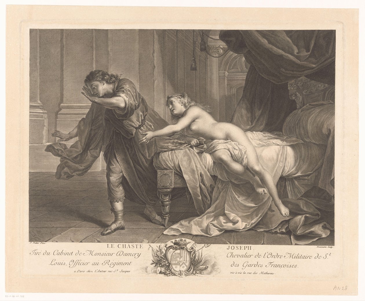 José resiste à tentação da esposa de Potifar Le caste Joseph (título no objeto) de Jacques Beauvarlet