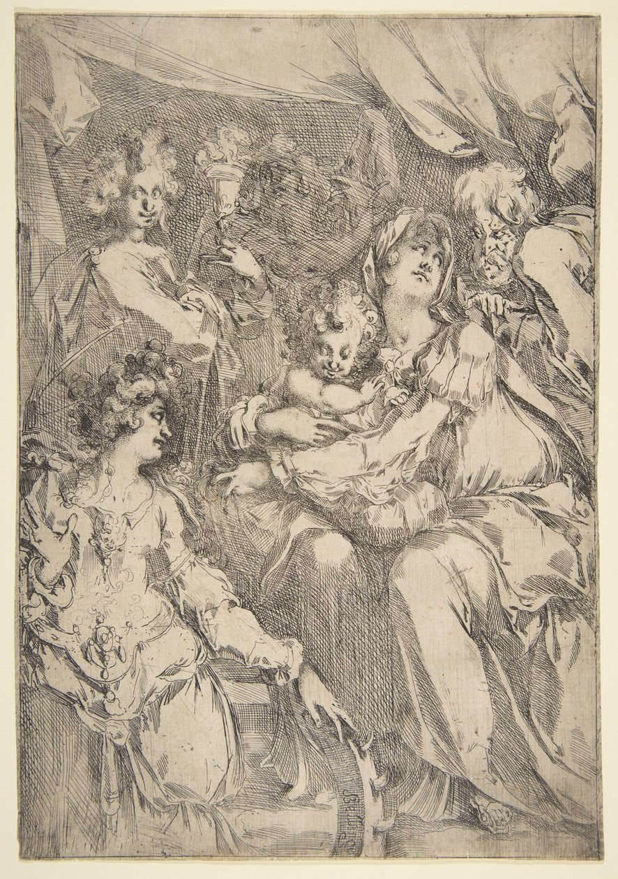 A Sagrada Família com Santa Catarina, São João Evangelista e um Anjo, 1612-16. de Jacques Bellange