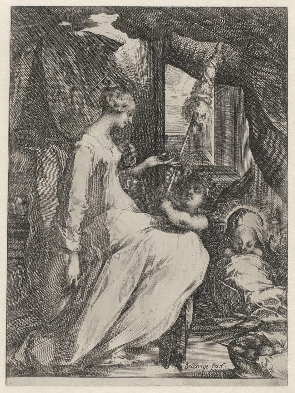 A Virgem Maria Girando com o Menino Jesus e um Anjo Maria com criança e um anjo segurando uma roca de Jacques Bellange