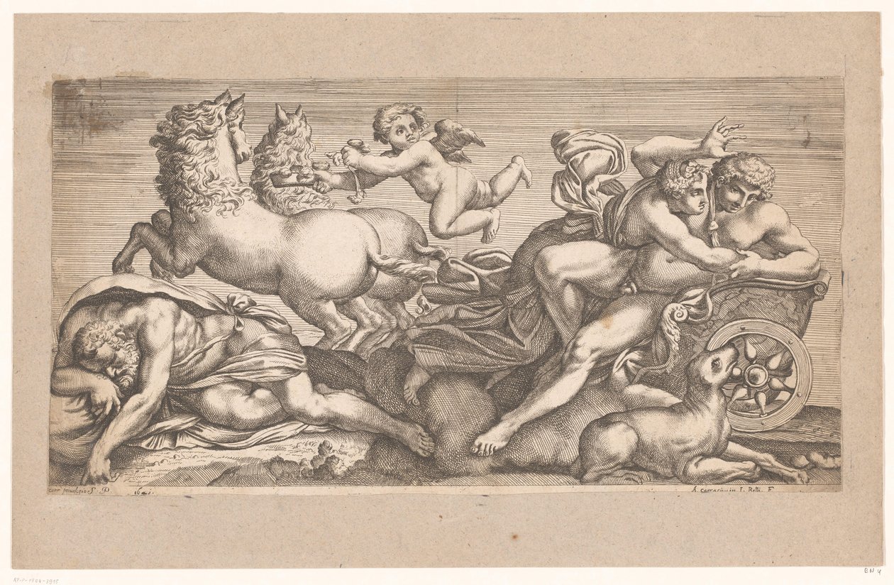 Cephalus levado por Aurora em sua carruagem Cenas mitológicas após afrescos no Palazzo Farnese em Roma (título da série) de Jacques Belly