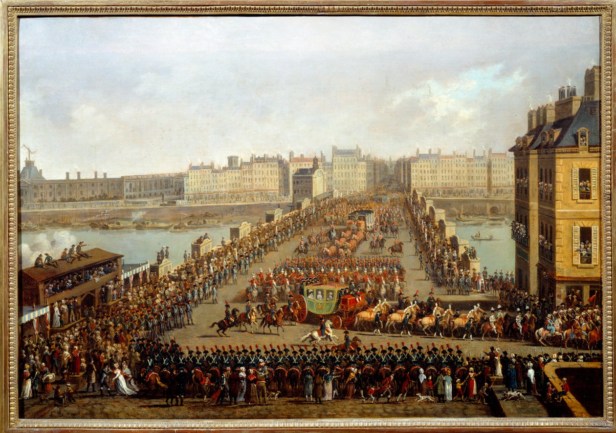 Atravessou a nova ponte junto ao cortejo imperial para a cerimônia do sagrado de Napoleão I em 2 de dezembro de Jacques Bertaux
