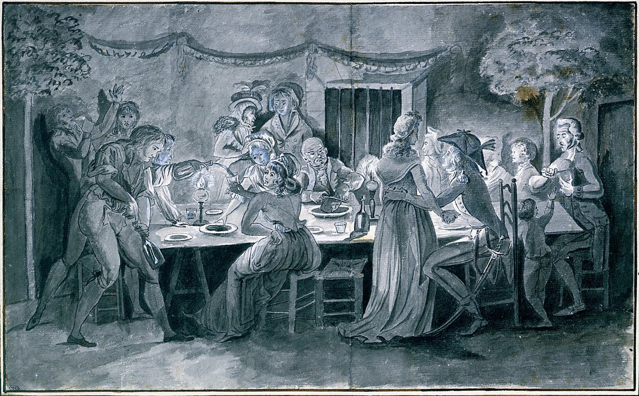 Jantar de casamento durante o Sorteio da Revolução de Jacques Bertaux (1745-1818) Paris. de Jacques Bertaux
