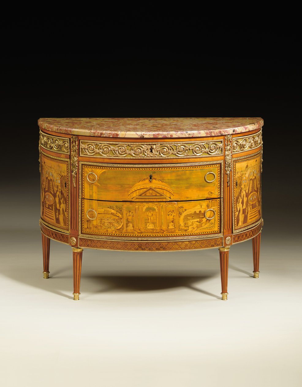 Cômoda Louis XVI, c.1770-75 (tulipwood montado em ormolu, fruitwood, sicômoro, amaranto e madrepérola) (ver também 714754-55) de Jacques Birckle