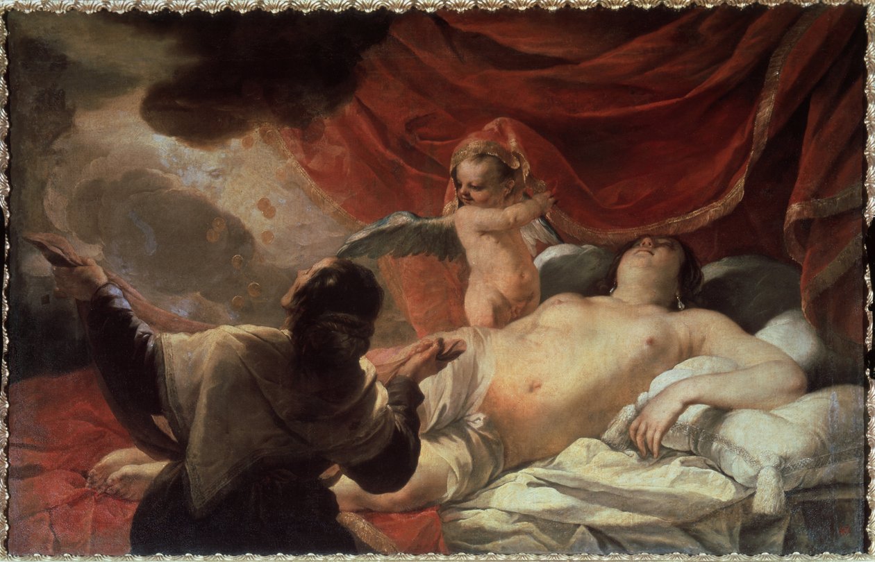 "Danae" Zeus apresenta-se à Danae para a seduzir sob a forma de uma chuva de moedas de ouro. Pintura de Jacques Blanchard (1600-1638) 17th century State State Open-air Museum Tsarskoye Selo, São Petersburgo, Rússia de Jacques Blanchard