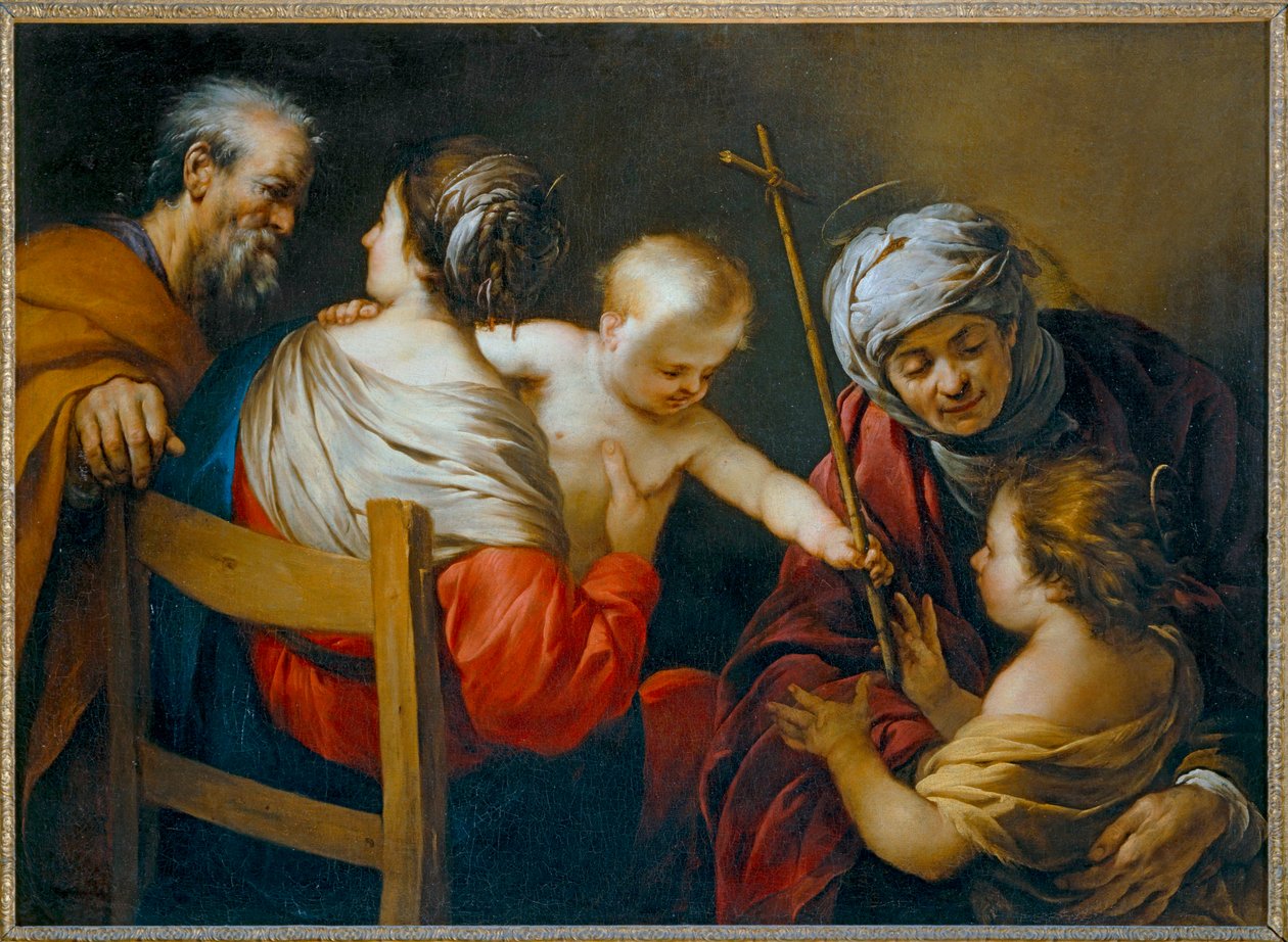 A Sagrada Família com Santa Elisabete e o pequeno São João Batista a quem o Menino Jesus dá uma cruz de junco - A Sagrada Família com Santa Elisabete ... de Jacques Blanchard