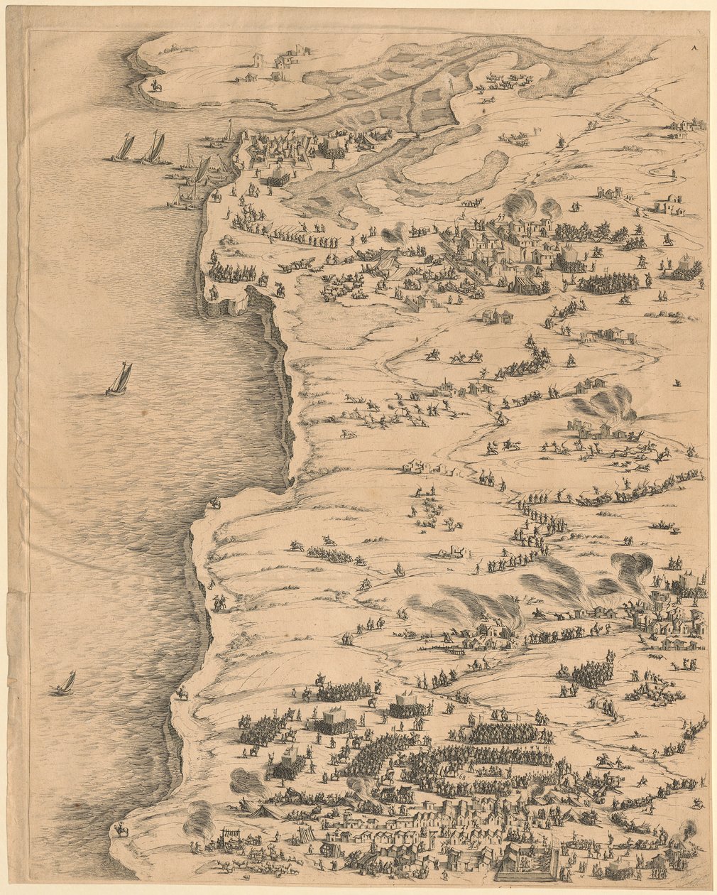 1. Painel no canto superior esquerdo de «O Cerco de La Rochelle» de Jacques Callot