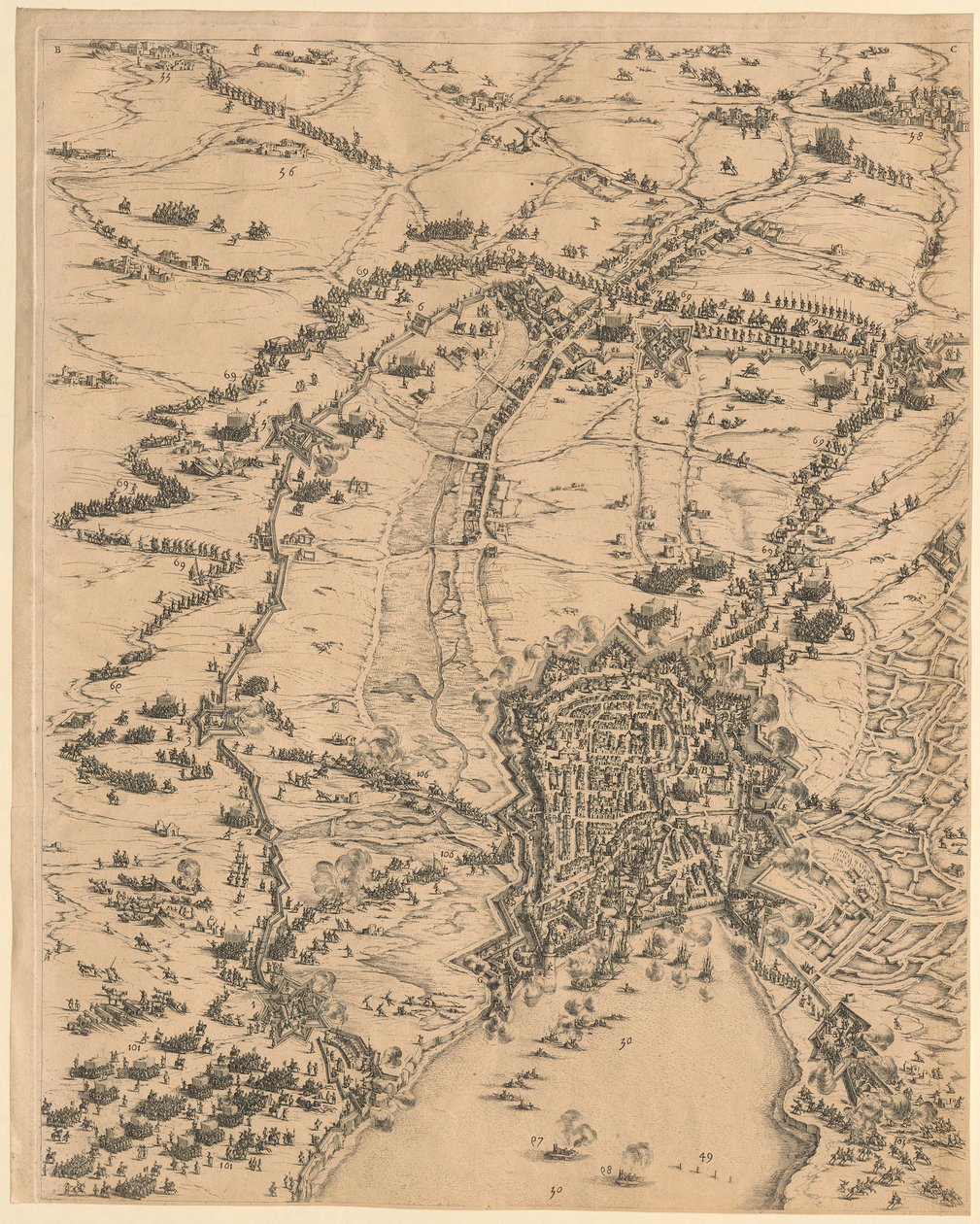Prancha 2, em cima ao centro, de «O cerco de La Rochelle» de Jacques Callot