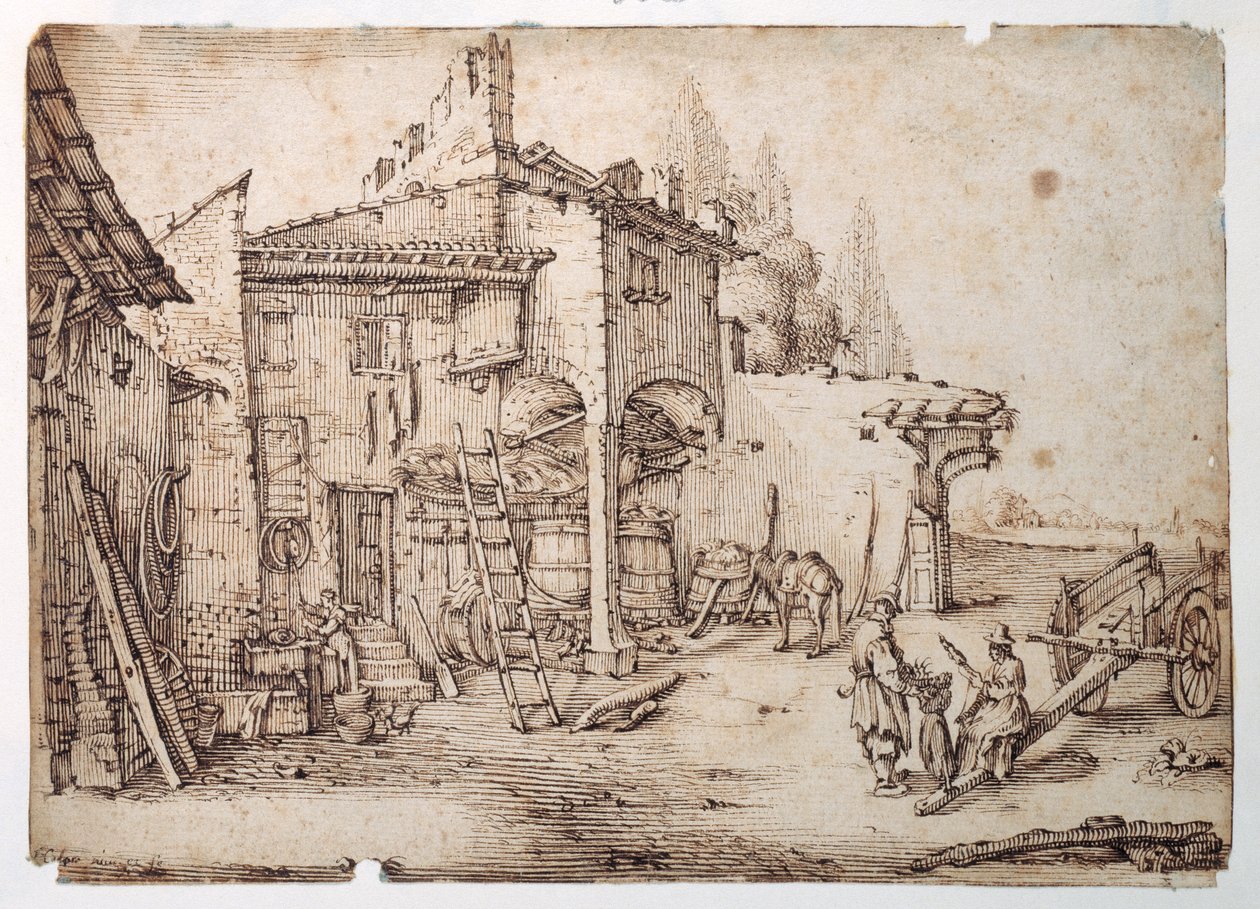 Um quintal italiano (caneta e tinta castanha sobre papel) de Jacques Callot