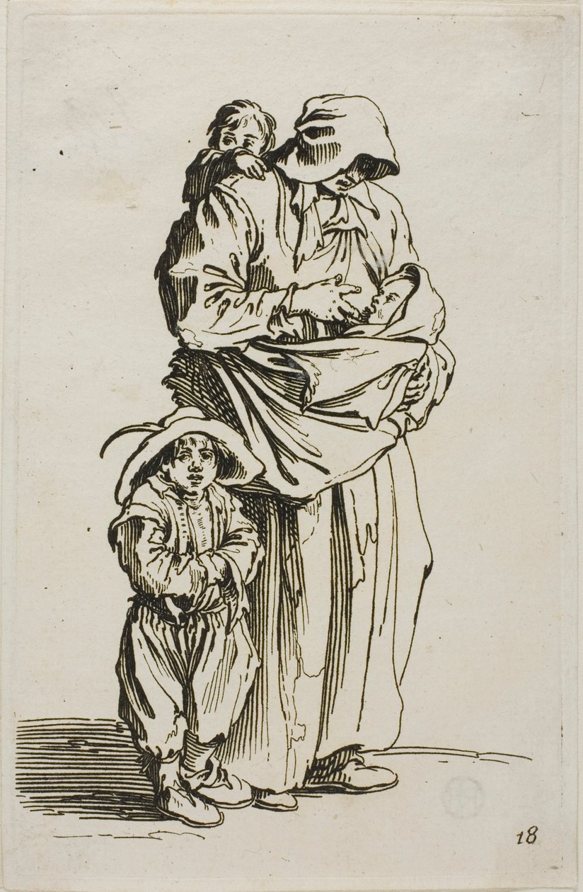 Uma mãe com seus três filhos, prato 18 de Os mendigos de Jacques Callot