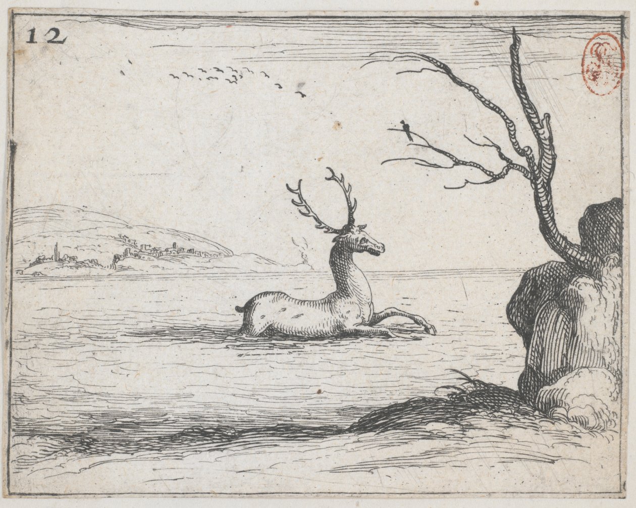 Um veado na água - não. 12 da série de Jacques Callot