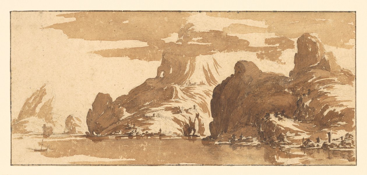 Blick auf Berge über einen See de Jacques Callot