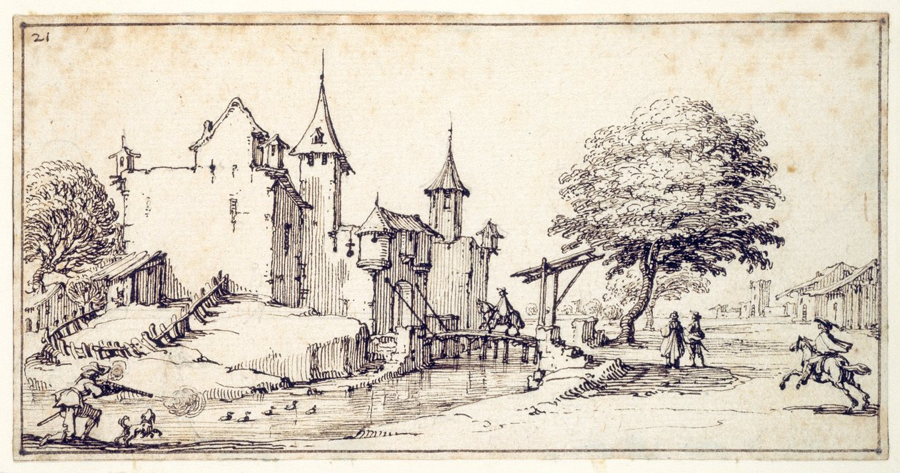 Um chateau com ponte levadiça (caneta e tinta castanha sobre papel) de Jacques Callot