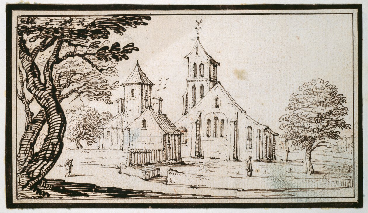 Uma igreja na Lorena e um edifício vizinho (caneta e tinta castanha sobre papel) de Jacques Callot