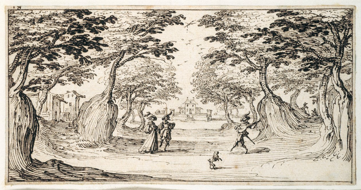 Uma bela senhora e um cavalheiro dançando na floresta a um alaúde, um castelo ao longe (caneta e tinta marrom sobre papel) de Jacques Callot
