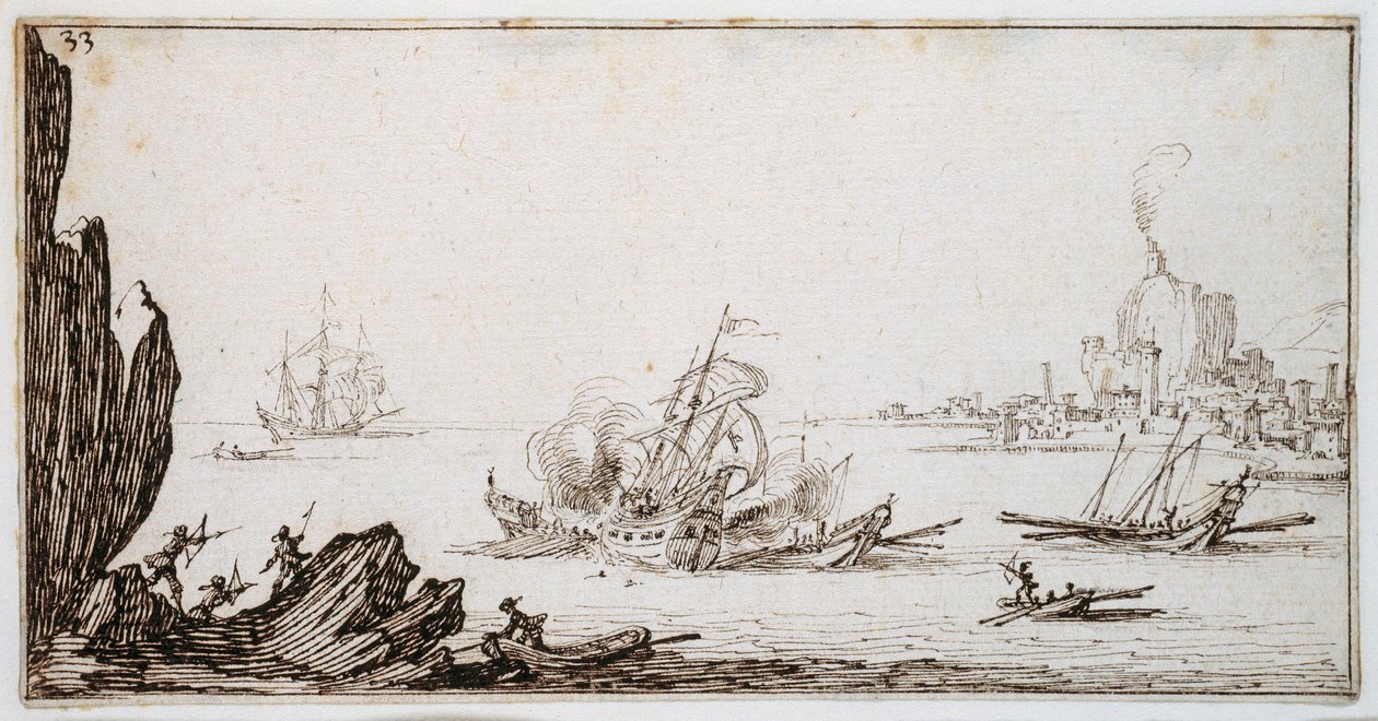 Uma galé empurrada em meio a navios por um homem-guerra à vista do porto, c.1617 (caneta e tinta marrom sobre papel) de Jacques Callot
