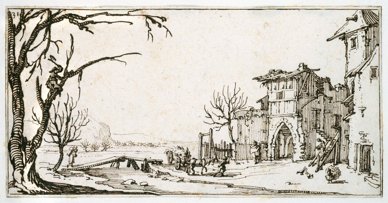Um haywain sendo levado para o portão medieval de uma aldeia, um homem abrindo um ramo, de um álbum pertencente a Israel Silvestre, c.1630 (caneta e tinta sobre papel) de Jacques Callot