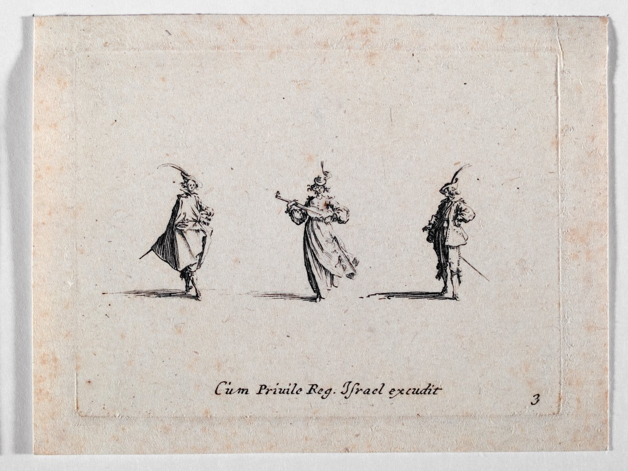 Uma senhora a tocar música e dois cavaleiros, de ... (gravura) de Jacques Callot