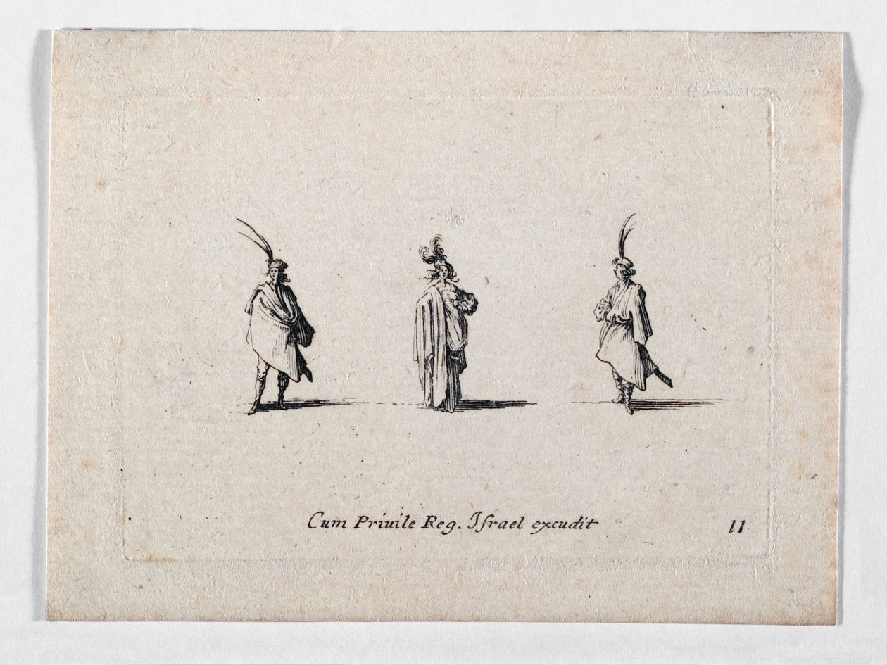 Uma senhora com um casaco comprido e dois cavaleiros, de ... (gravura) de Jacques Callot