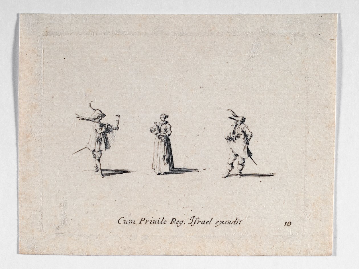 Uma senhora com uma garrafa de vinho e dois cavaleiros, de ... (gravura) de Jacques Callot