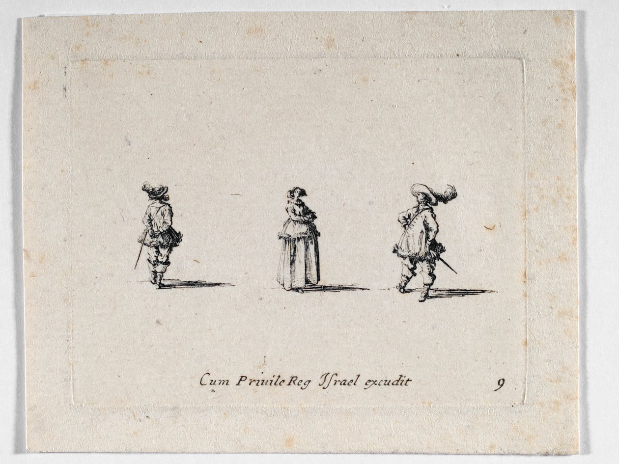 Uma senhora de braços cruzados e dois cavaleiros, de ... (gravura) de Jacques Callot