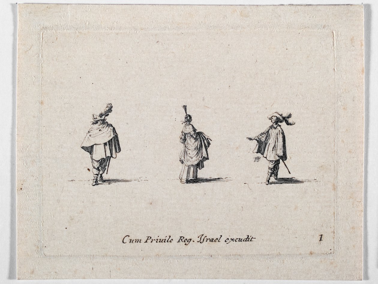 Uma senhora com saia franzida e dois cavaleiros, de Les Fantaisies de Noble J. Callot ... (gravura) de Jacques Callot