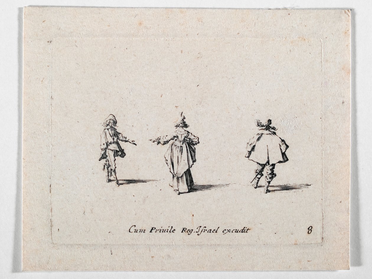 Uma senhora com a mão estendida, vista de costas, e dois cavaleiros, de Les Fantaisies de Noble J. Callot ... (gravura) de Jacques Callot