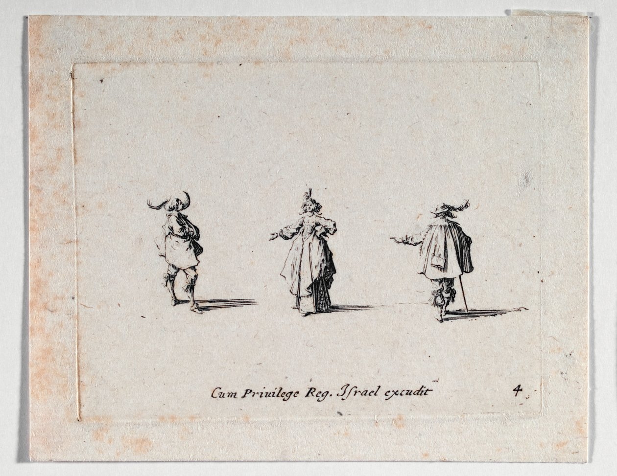 Uma senhora com a mão estendida e dois cavaleiros, de ... (gravura) de Jacques Callot