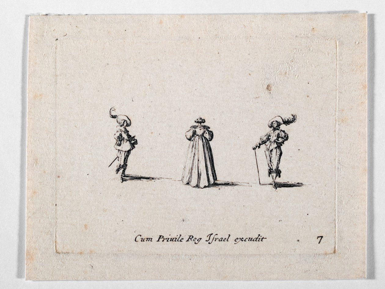 Uma senhora com um vestido ricamente plissado, vista de costas, e dois cavaleiros, de Les Fantaisies de Noble J. Callot ... (gravura) de Jacques Callot
