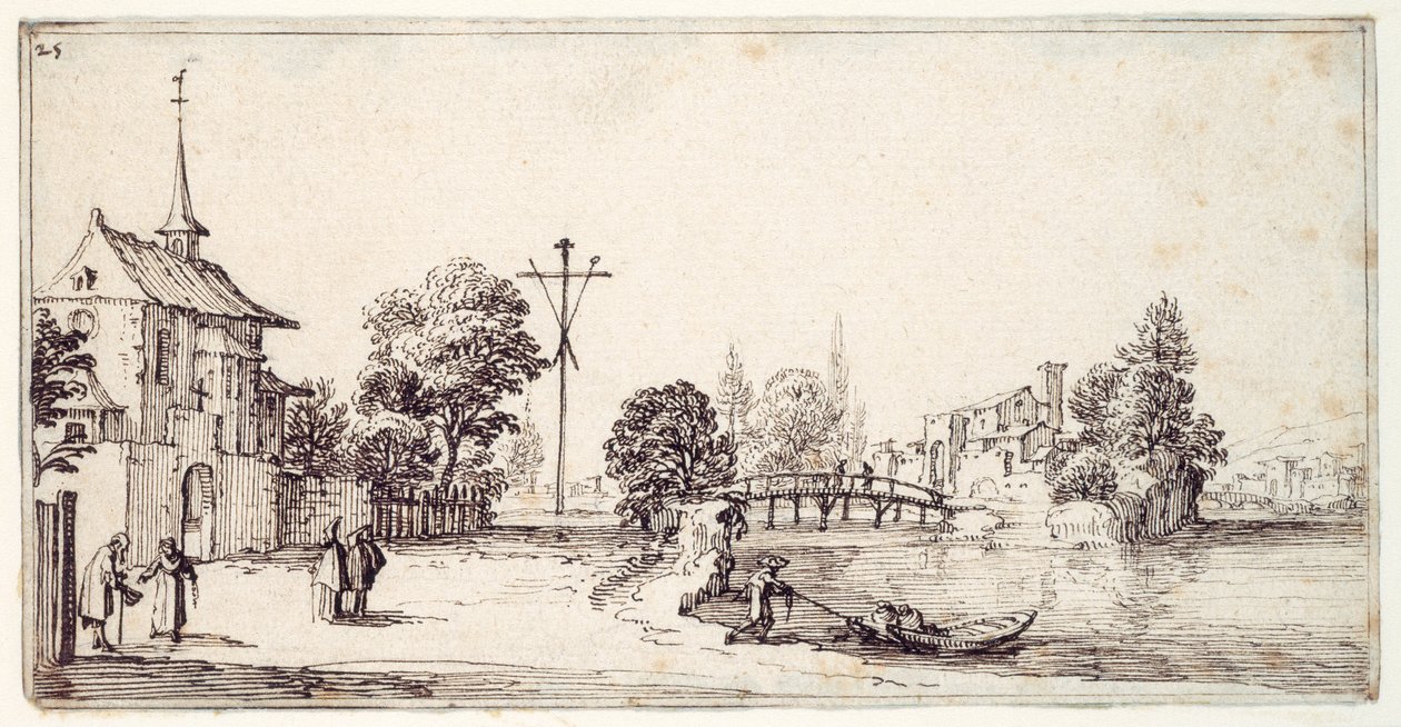 Uma estrada ao longo da margem do rio (caneta e tinta castanha sobre papel) de Jacques Callot