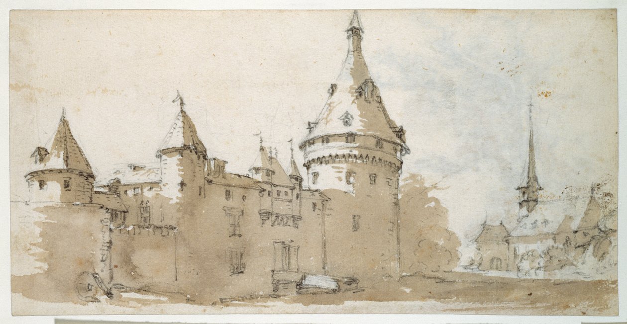 Um chateau tartaruga e uma igreja (lavagem castanha e cinzenta sobre giz preto sobre papel) de Jacques Callot