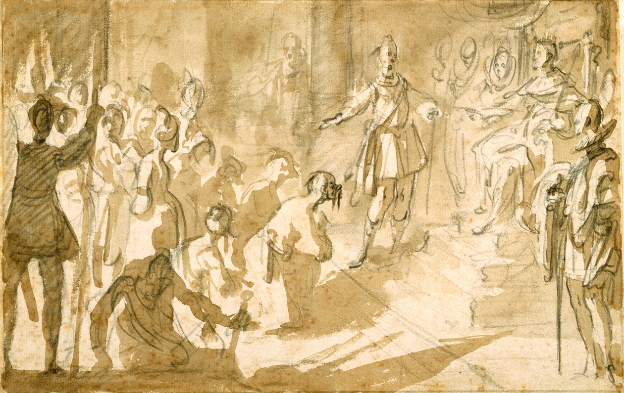 Almirante Inghirami apresentando prisioneiros turcos ao rei Fernando I da Toscana, c.1615 (caneta e tinta com giz sobre papel) de Jacques Callot