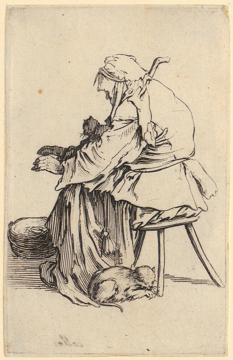Velha com gatos, prancha 25 da série «Os Mendigos» de Jacques Callot