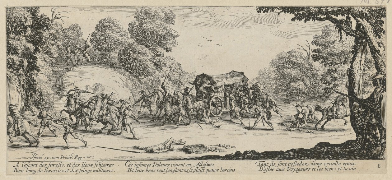 Ataque a uma diligência postal, folha 8 da série «Os horrores da guerra» de Jacques Callot
